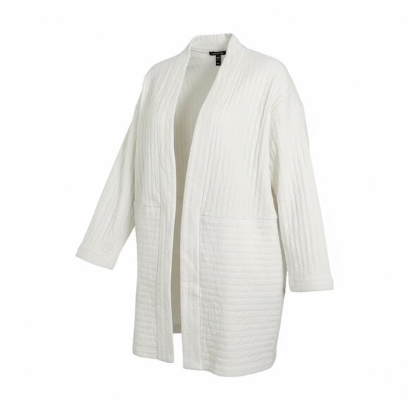 New Eileen Fisher Soft White High Collar Long Blazer Jacket Medium Petite - Picture 1 of 8